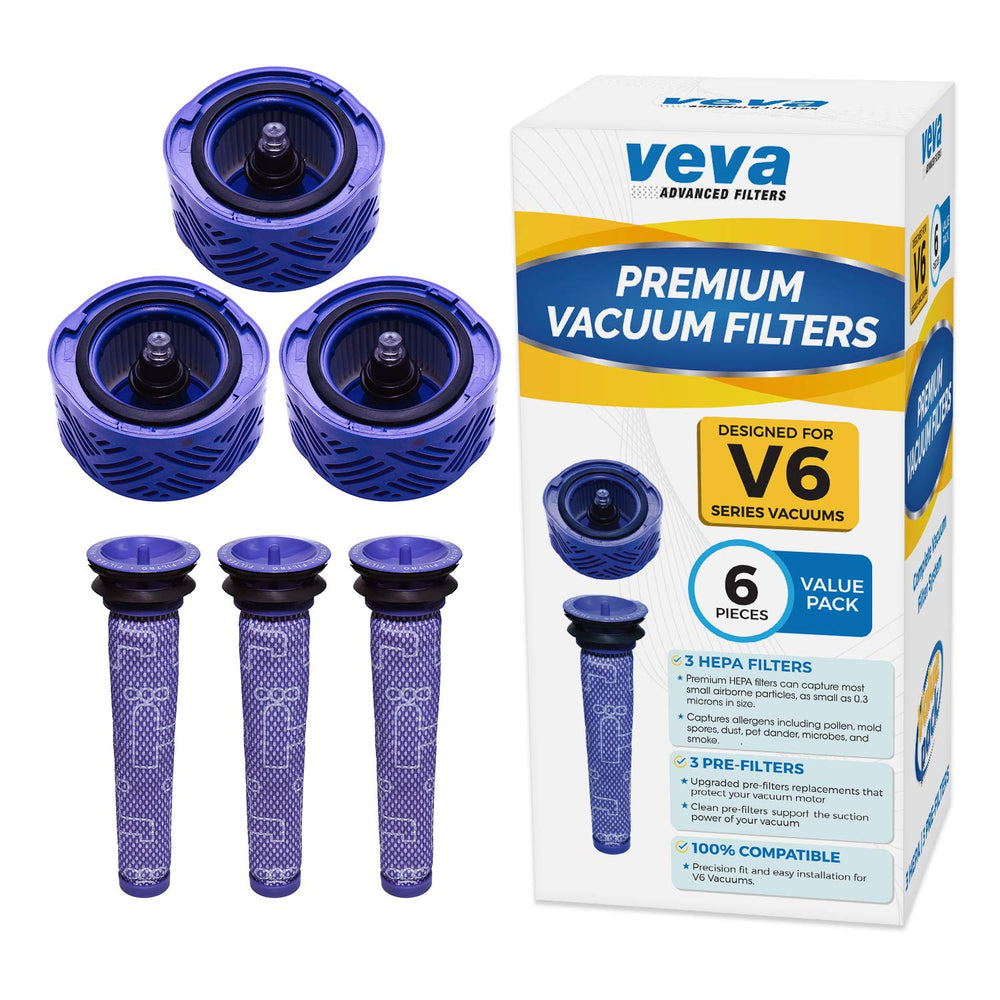 Vacuum Filters VEVA VEVA 6 Pack Premium Vacuum Filter Set with 3 Pre Filters and 3 HEPA Filters Compatible with Dyson V6 Absolute Vacuums, Part # 965661 &amp; 966741