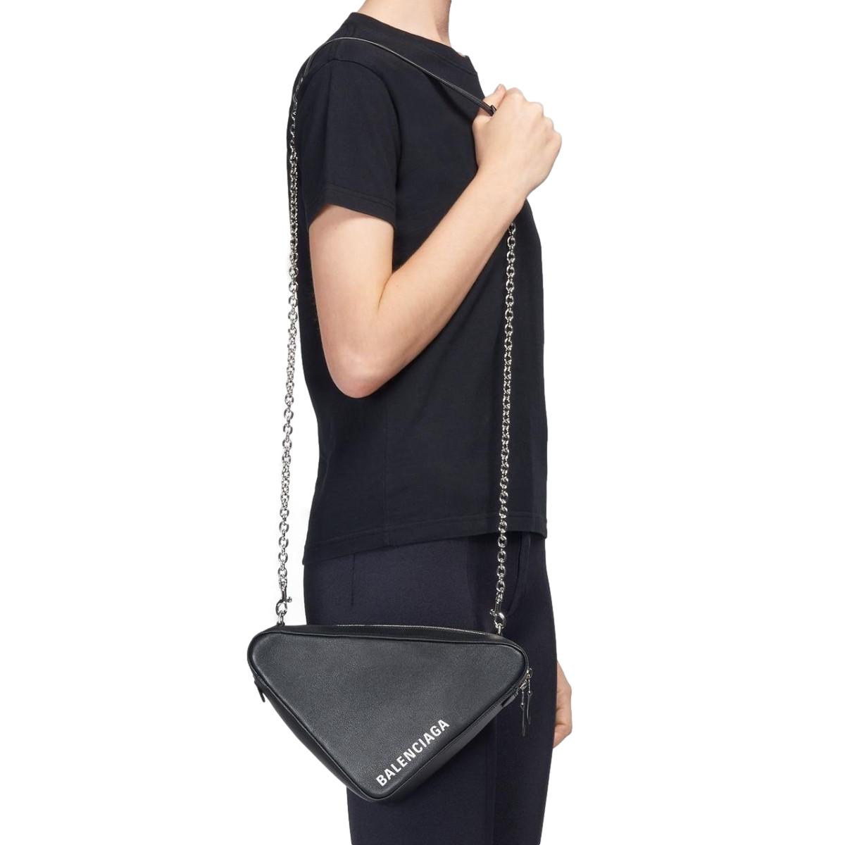 Balenciaga Triangle Black Calf Leather Logo Medium Crossbody Bag 516666