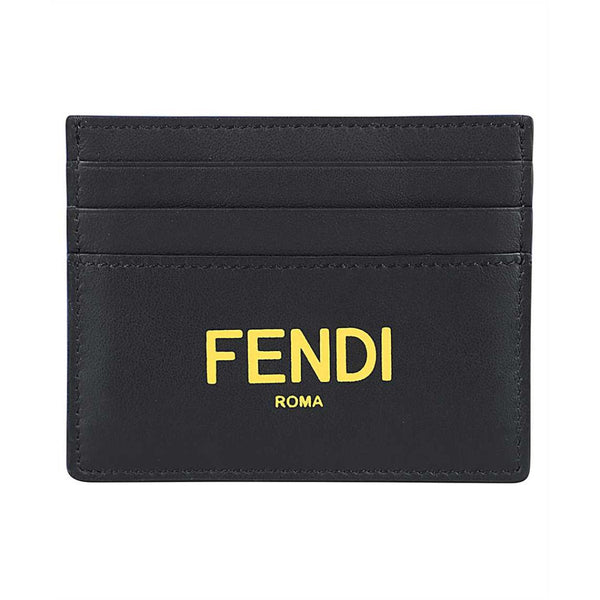 Fendi Black Calfskin Leather Yellow Logo Card Case Wallet 7M0164 ...