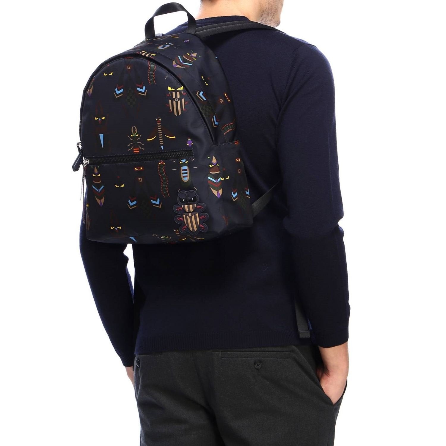 Fendi Super Bugs Navy Blue Nylon Backpack Bag 7VZ043