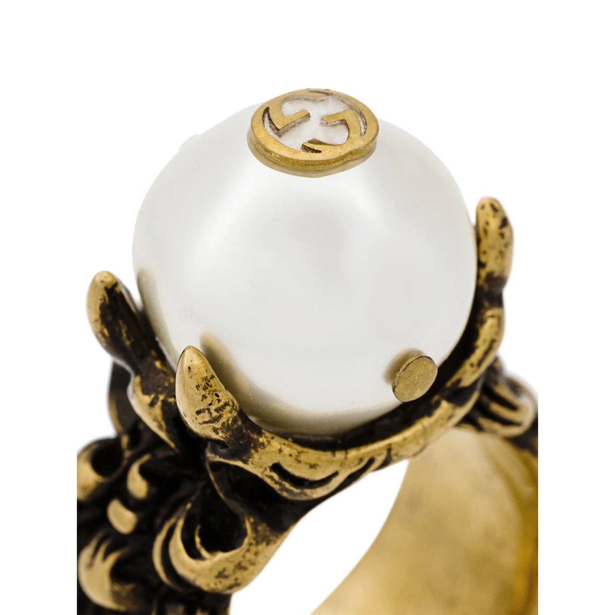 Gucci Cream Pearl GG Aged Gold Size 10/5.25 Ring 440993