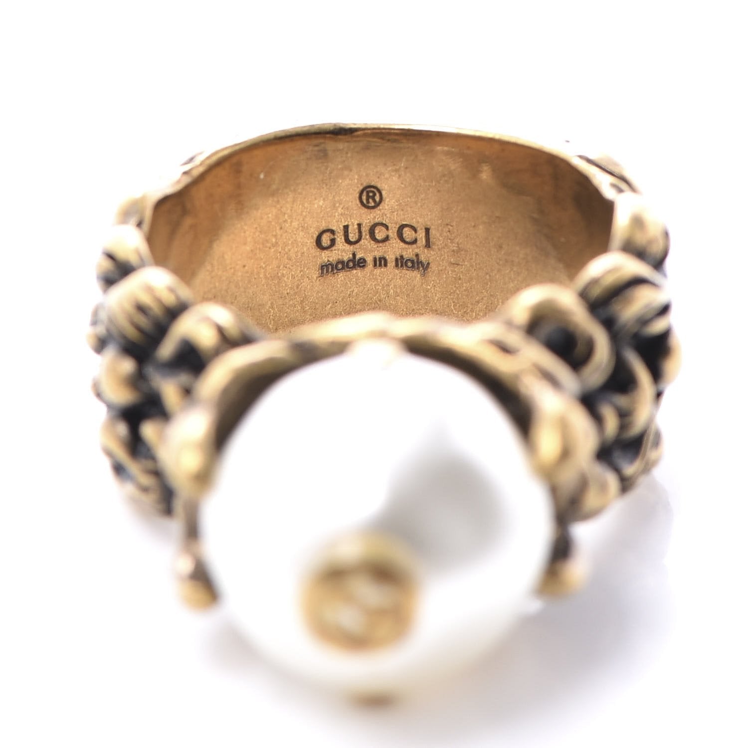 Gucci Cream Pearl GG Aged Gold Size 19/8.75 Ring 440993