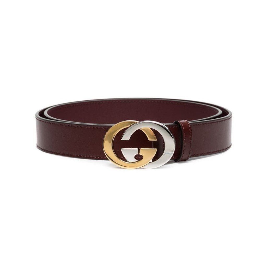Gucci Unisex Two-tone Interlocking G Burgundy Red Leather Belt Size 95 – Queen Bee Beverly