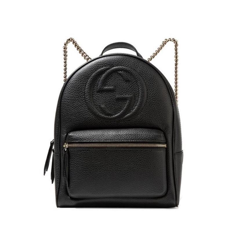 Gucci Soho GG Logo Black Leather Backpack Chain Straps 536192 – Queen Bee  of Beverly Hills