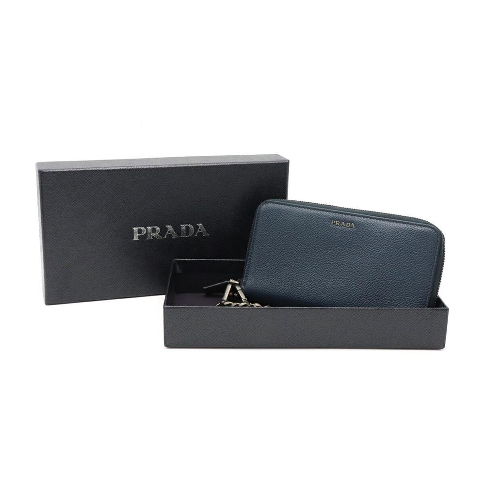 Prada Baltico Blue Vitello Micro Grain Leather Black Chain Wristlet Wallet 2ML019