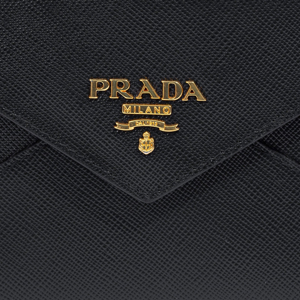 Prada Black Saffiano Leather Gold Logo Long Envelope Wallet 1MF175 ...