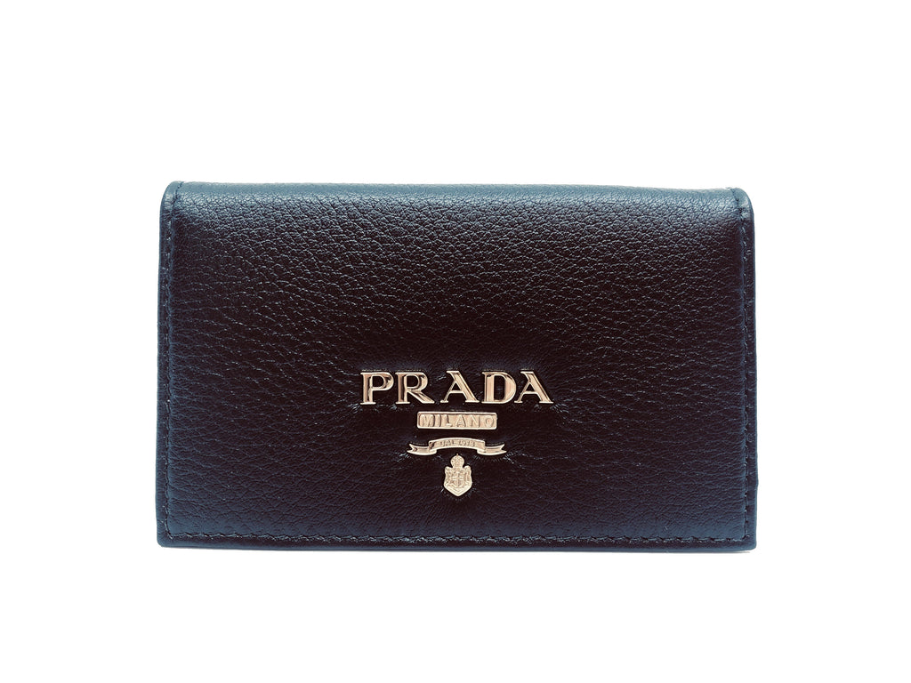 Prada Black Vitello Grain Soft Calf Leather Credit Card Case Wallet 1M ...