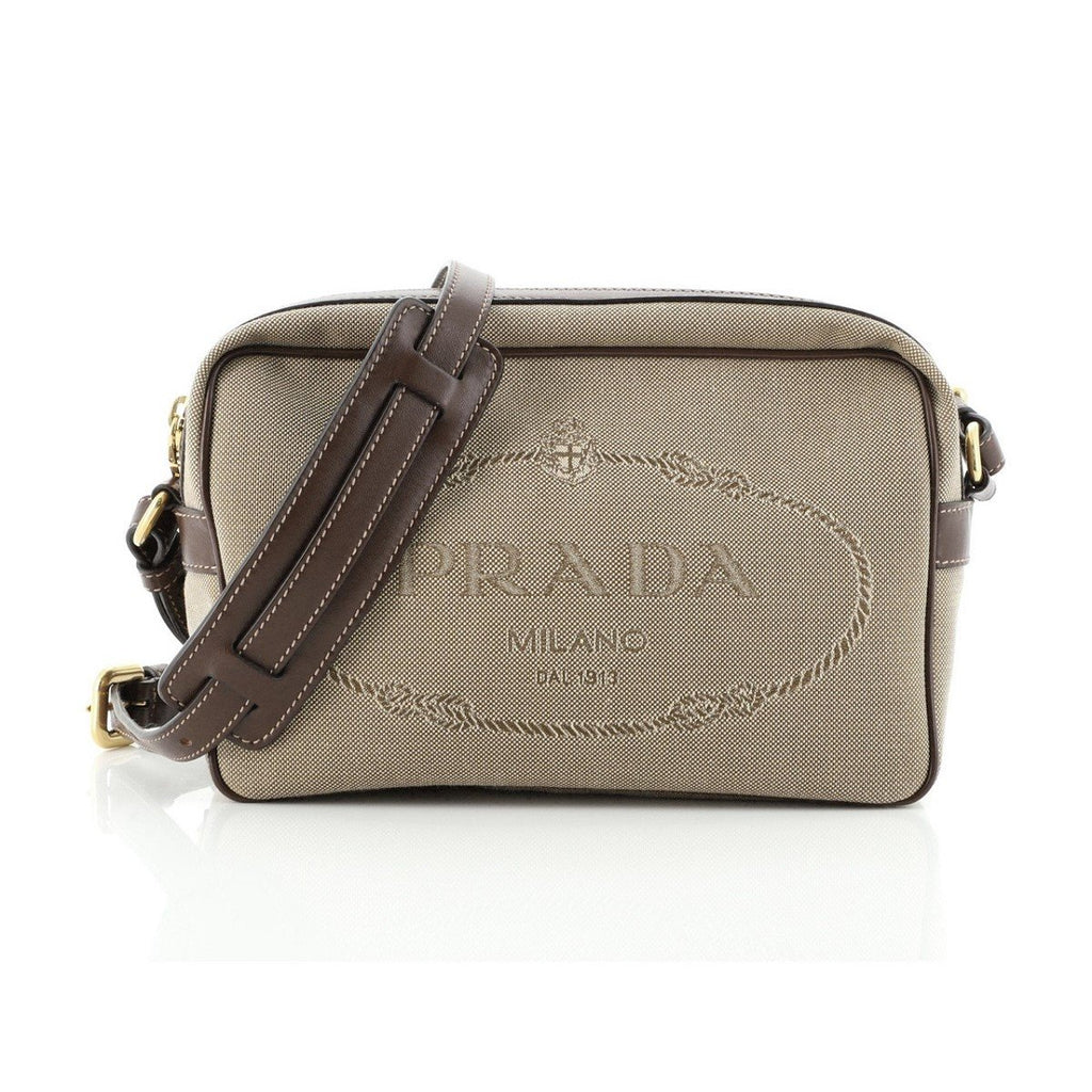 Prada Jacquard Logo Brown Canvas Leather Trim Camera Crossbody 1BH089 –  Queen Bee of Beverly Hills