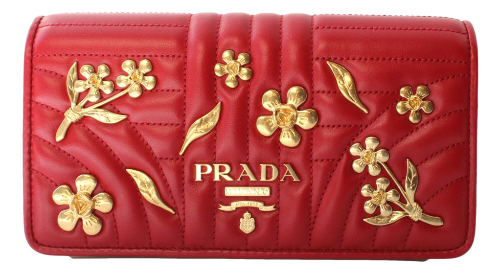 Prada Mini Wallet on Chain Red Leather Gold Flowers Cross Body 1DH044 –  Queen Bee of Beverly Hills