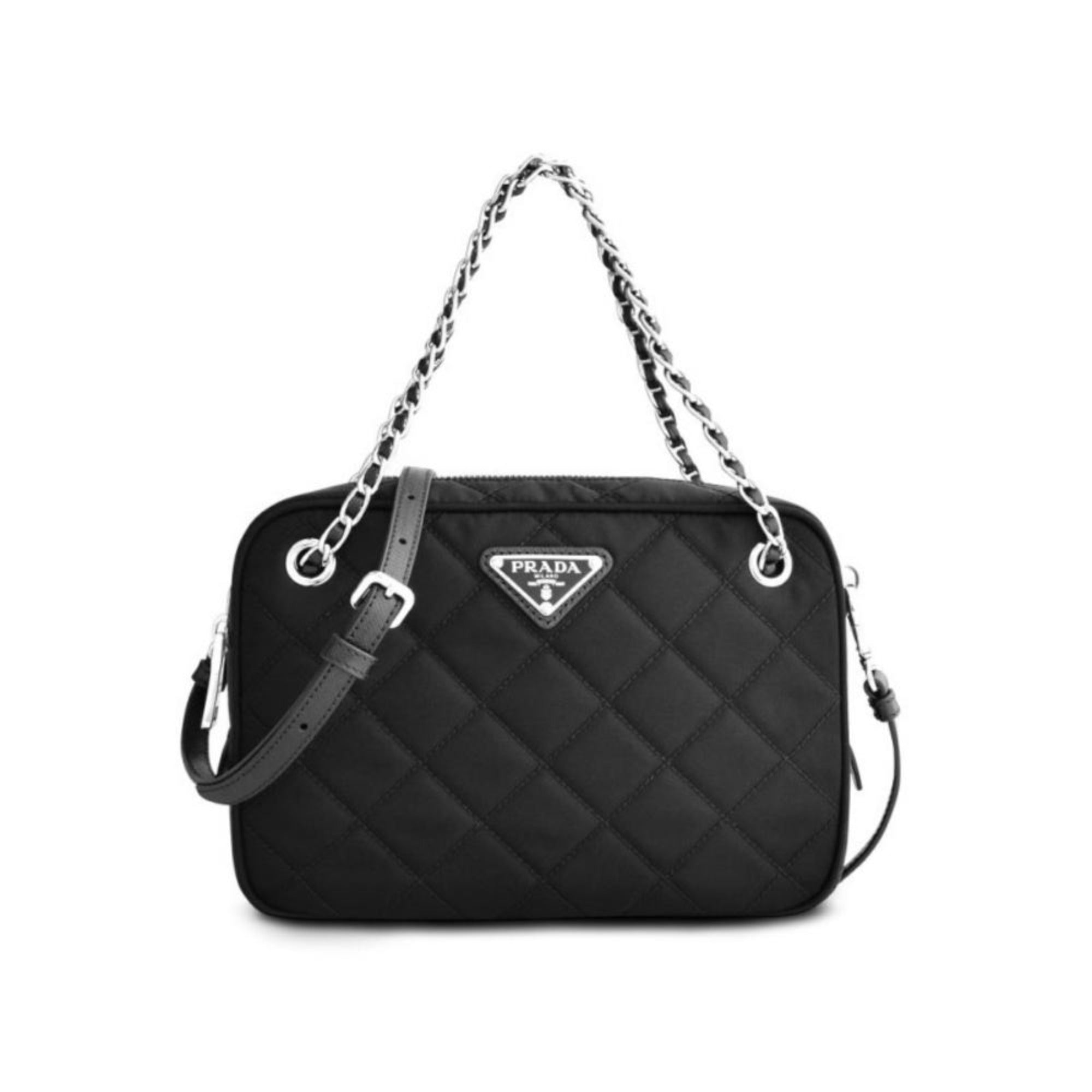 Prada Bandoliera Tessuto Nylon Soft Calf Trim Black Crossbody Bag 1BH046:  Handbags