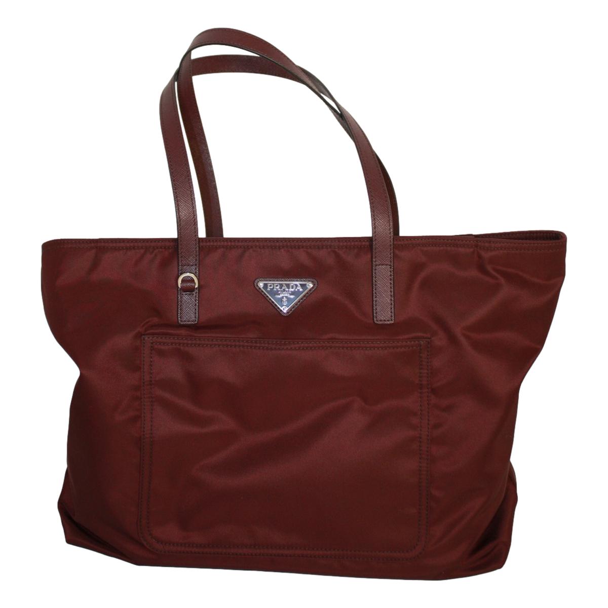 Prada Vela Bordeaux Red Tessuto Nylon Saffiano Leather Tote