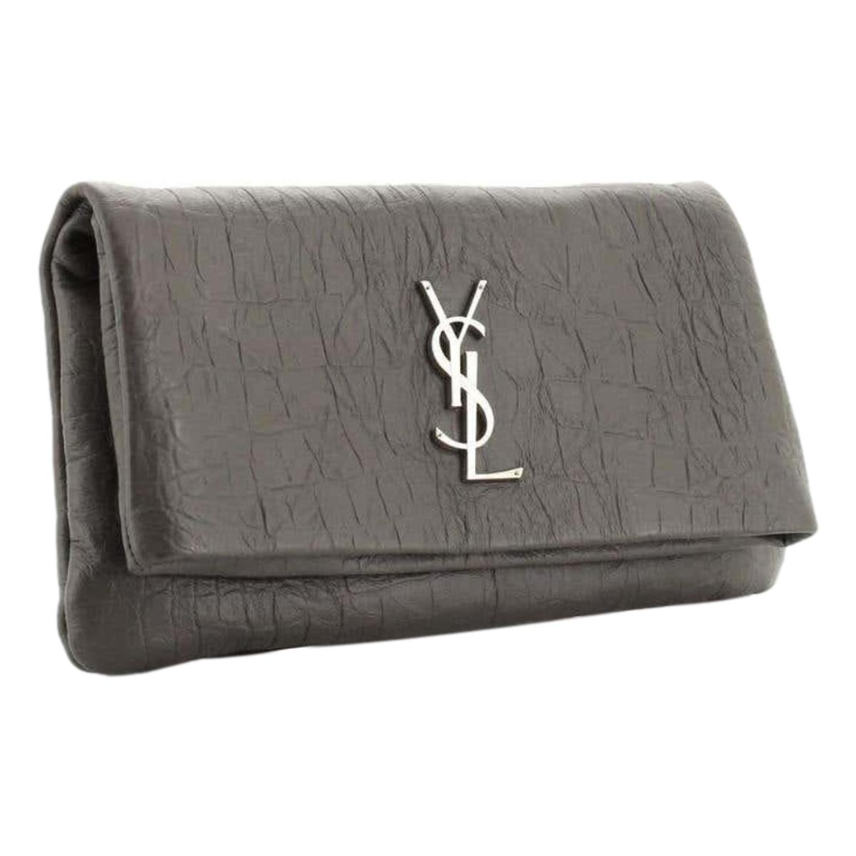 Saint Laurent West Hollywood Grey Leather Croc Embossed Clutch 601313