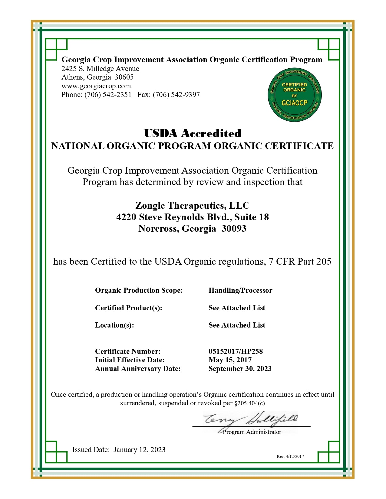 GCIAOCP Organic Certificate for Zongle Therapeutics, LLC  1-12-2023