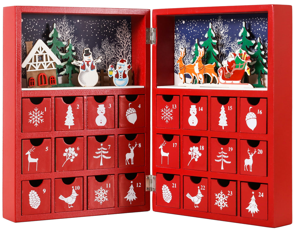 BRUBAKER Advent Calendar Wooden Christmas Book with 24 drawers Red