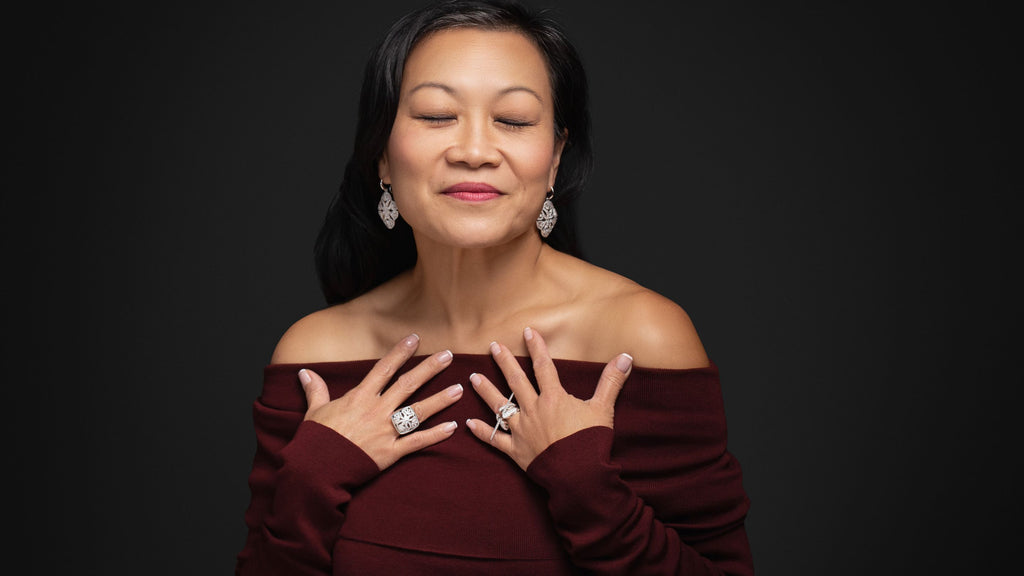 Sophia Lee wears REALM Fine + Fashion Jewelry in sterling silver and white cz