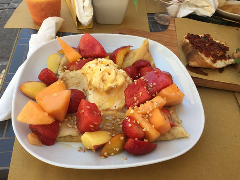 fresh fruit salad and pancakes at Picnic in Noto