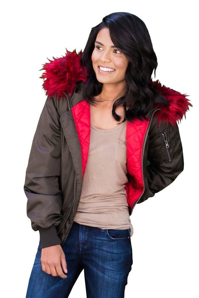 red bomber jacket with fur hood