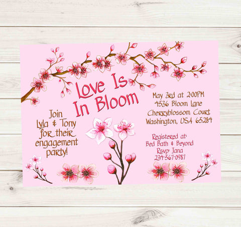 Cherry Blossom Pink and Brown Engagement Party Announcement