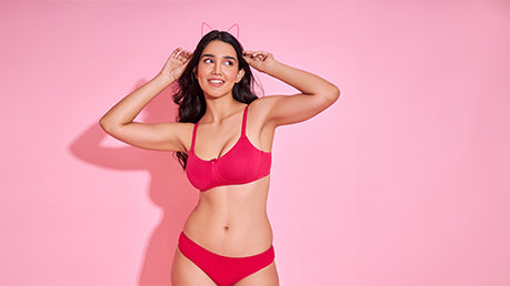A model wearing red bra for Monsoon