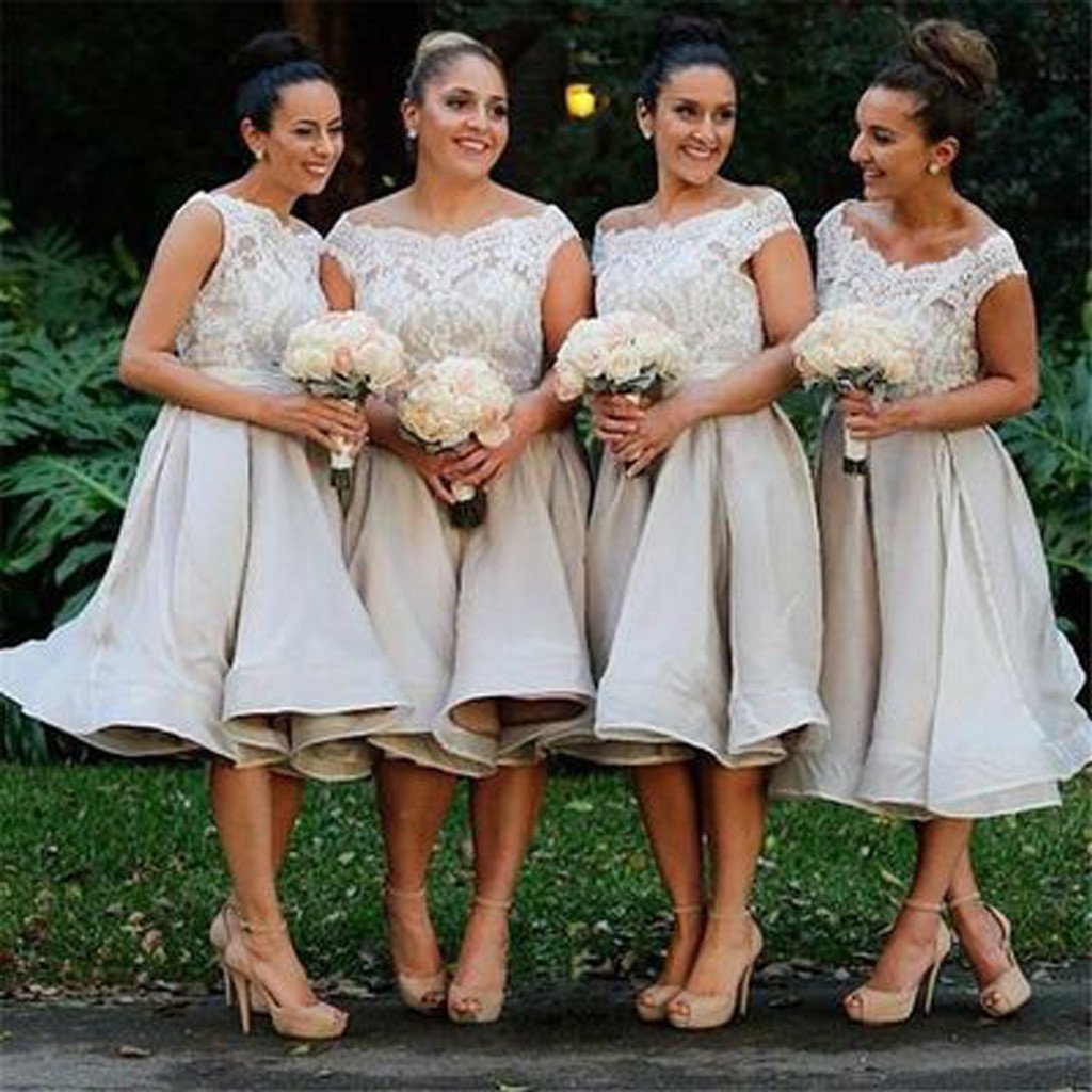 Morden Cap Sleeve Lace Organza Knee-Length Short Affordable Bridesmaid ...