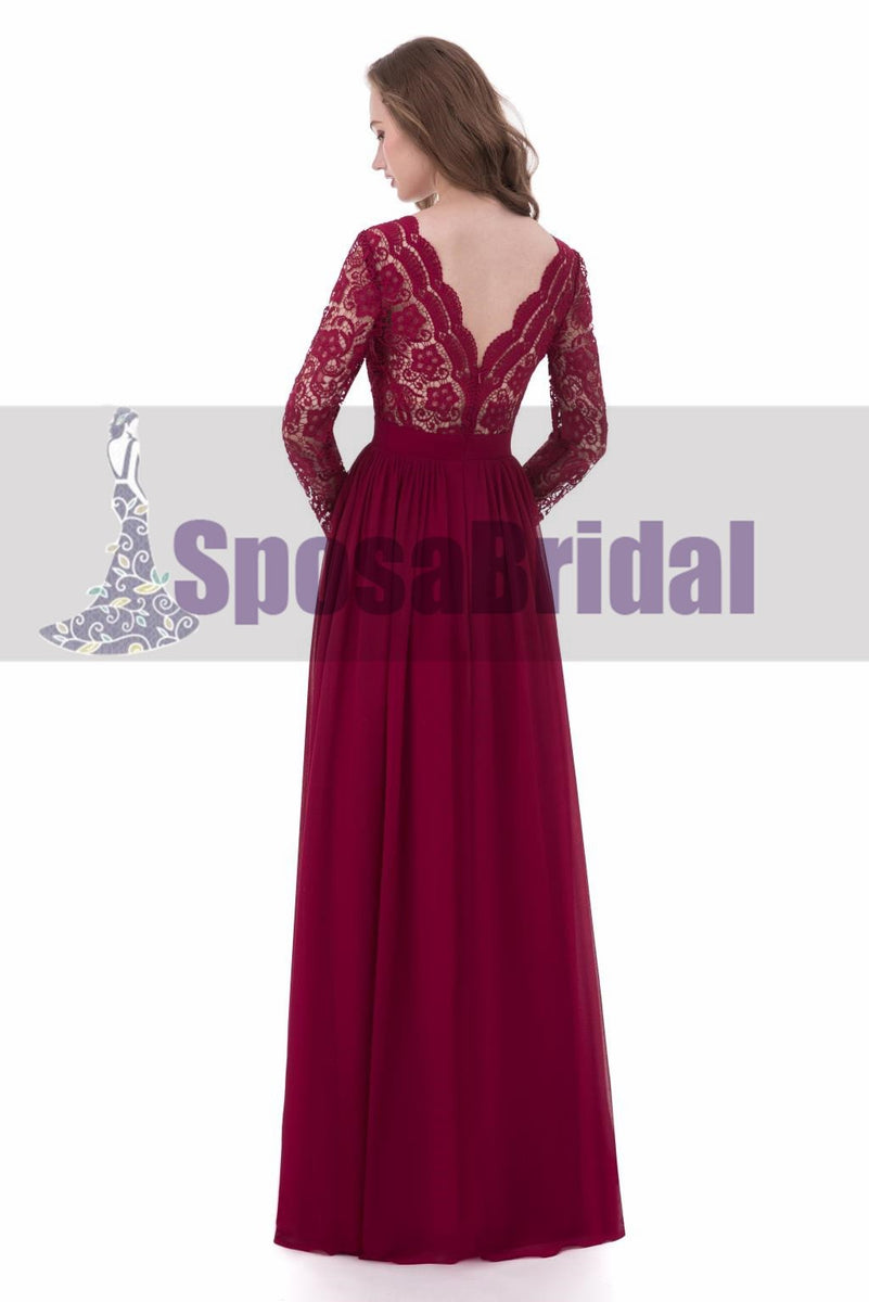 Red Long Sleeve V-Neck Full Lace Prom Dresses, Popular Custom Bridesma