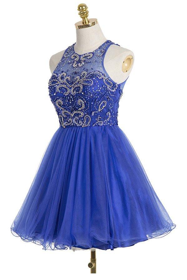 Royal Blue Sexy Open back Halter Beaded homecoming prom dresses, CM002 ...