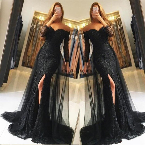 Black Lace Tulle Newest Mermaid Prom Dress, Long Sleeves Prom Dresses ...