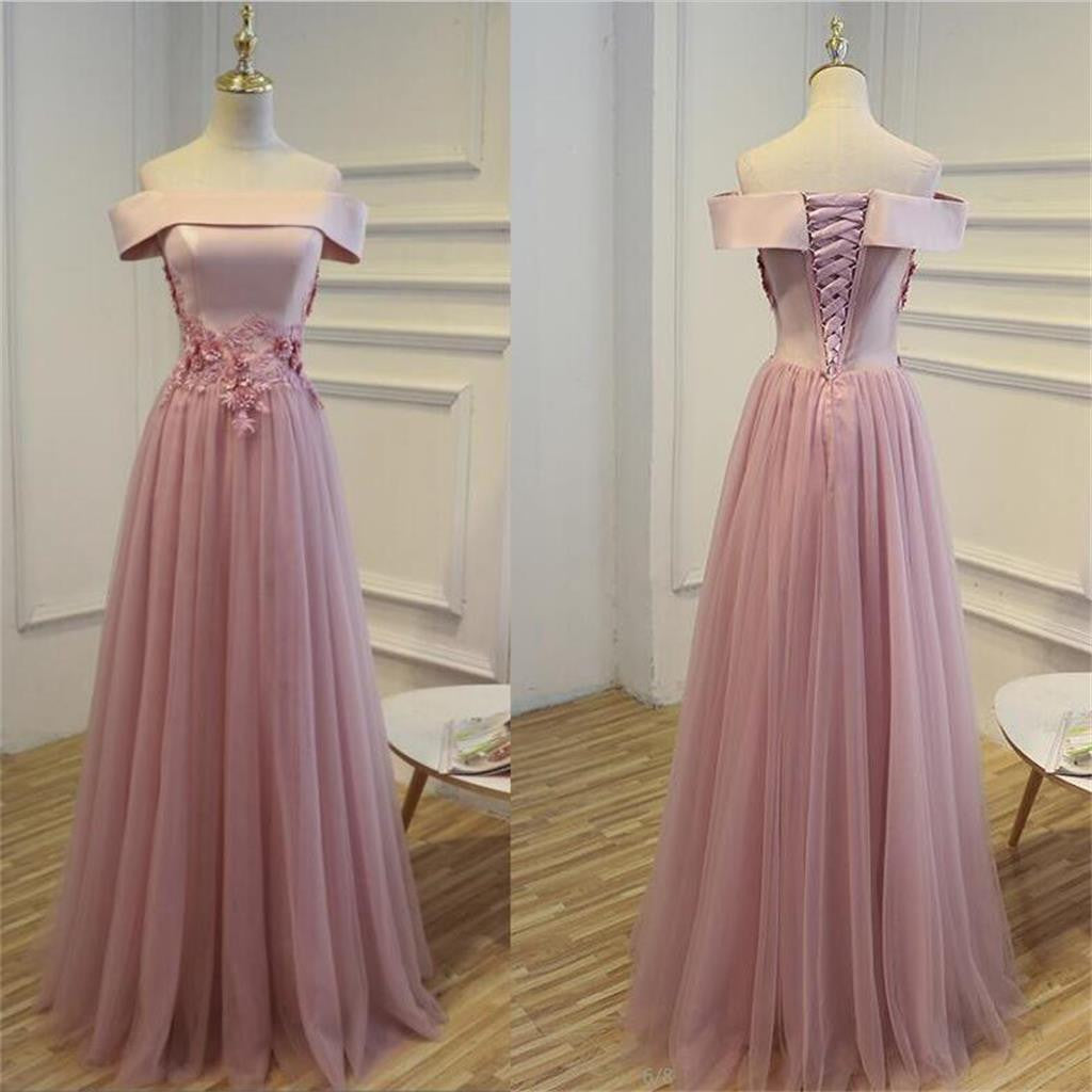 Long Off Shoulder Tulle with Lace Appliques Prom Dresses, Formal Bride ...