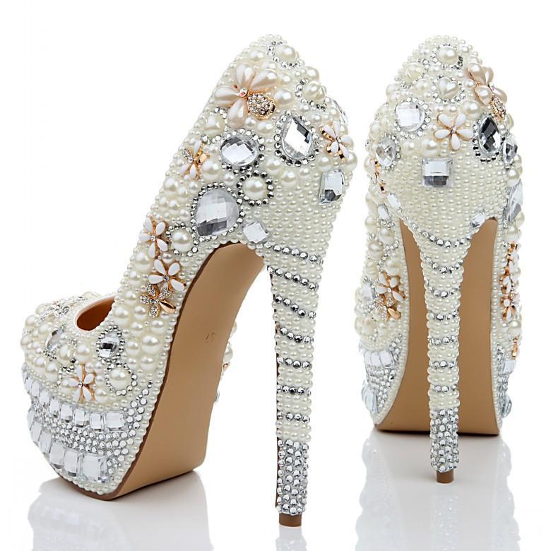 Super High Heels Handmade Pearls Rhinestone Pointed Toe Crystal Weddin ...