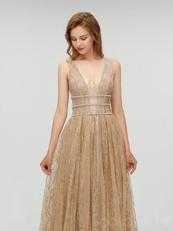 Sexy Sparkly Champagne Gold Elegant Deep V-neck Open Back Prom Dresses ...