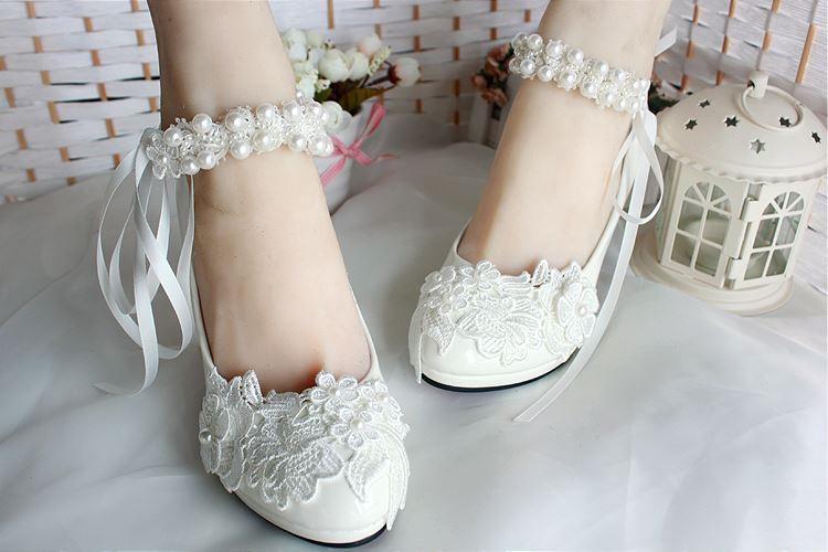 Lace Pearls Pointed Toes Women Wedding Shoes With Ribbons Lace Up, S01 ...