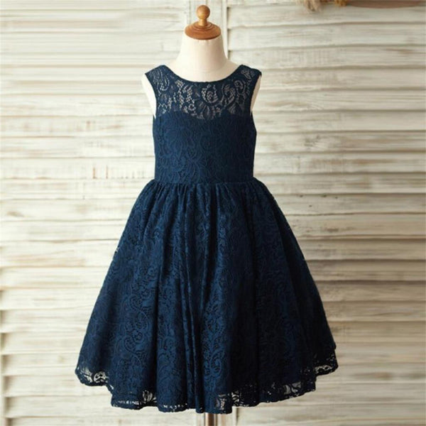 Navy Blue  Lace Lovely Cute Flower Girl Dresses  with bow 