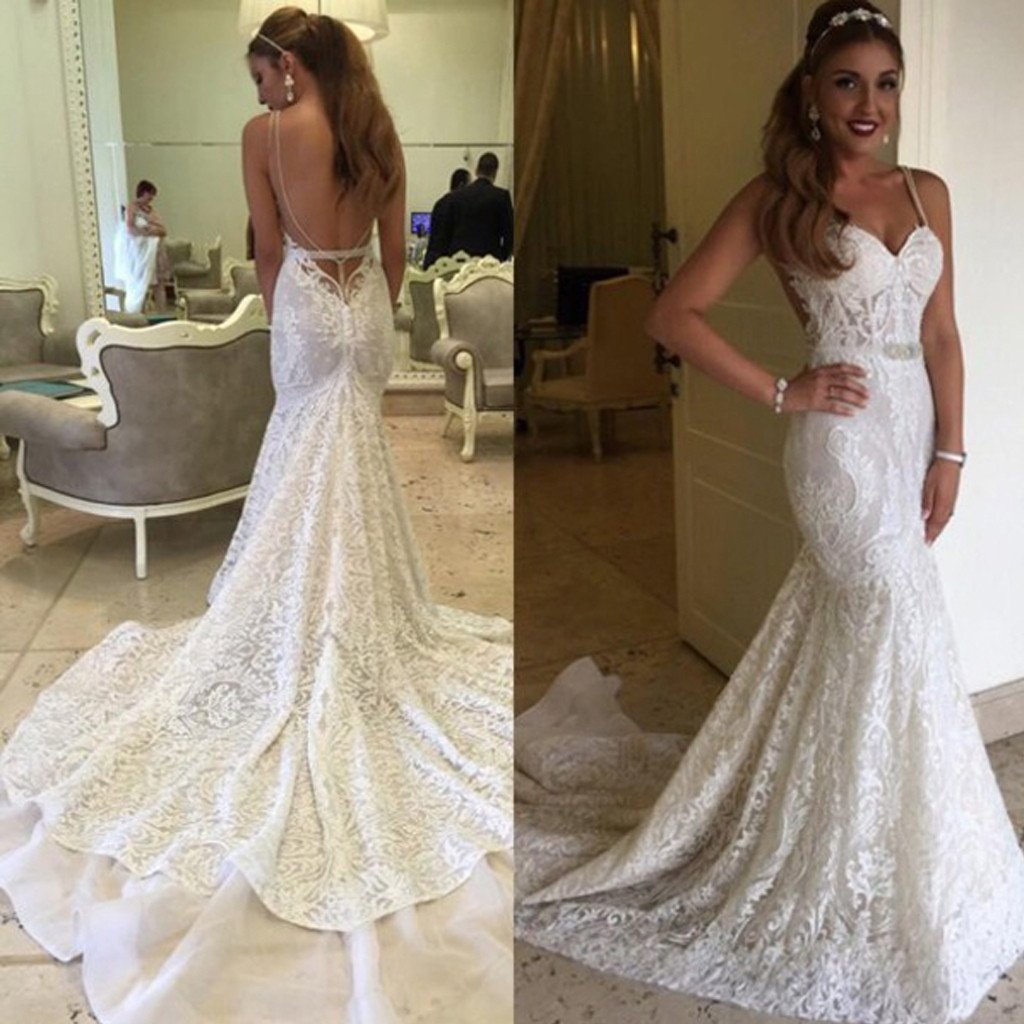 Sexy Mermaid Spaghetti Backless Lace Bridal Gown, Wedding Party Dresse ...