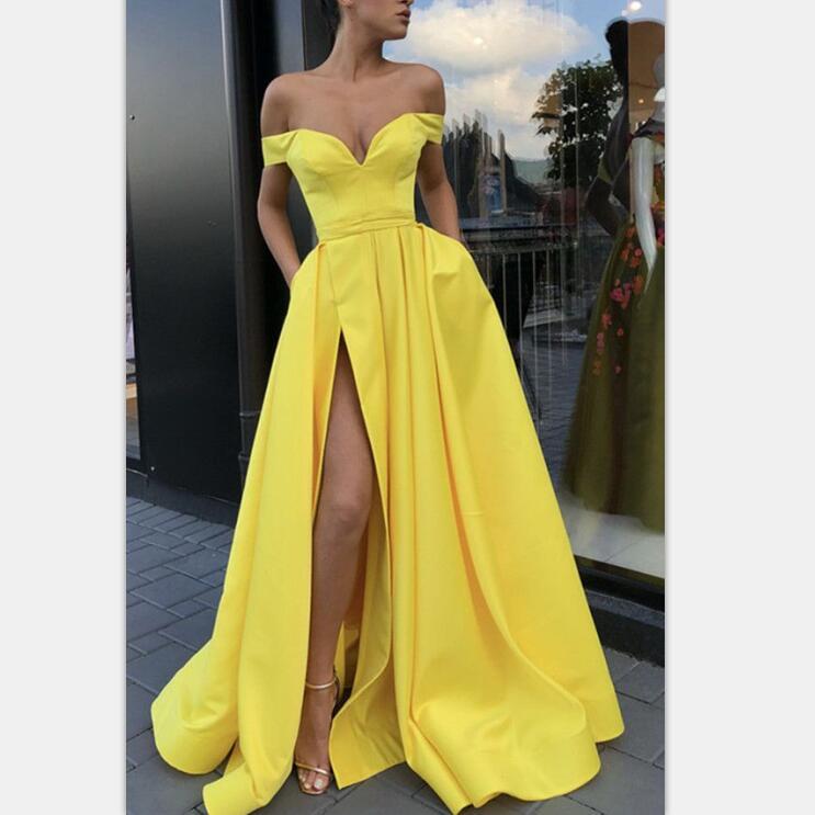 A Line Sexy Split Yellow Elegant Long Satin Off Shoulder Prom Dresses Sposabridal 