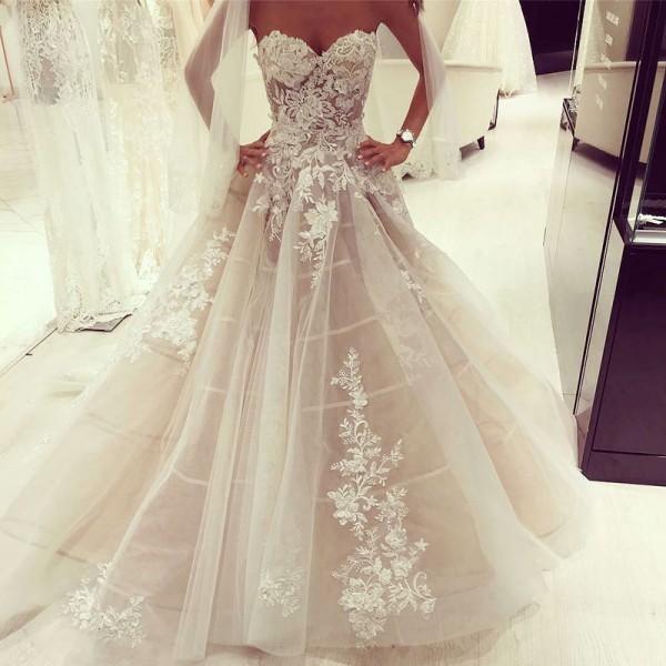 Cheap Long A-Line Sweetheart Floor-Length Tulle Wedding Dresses with A ...