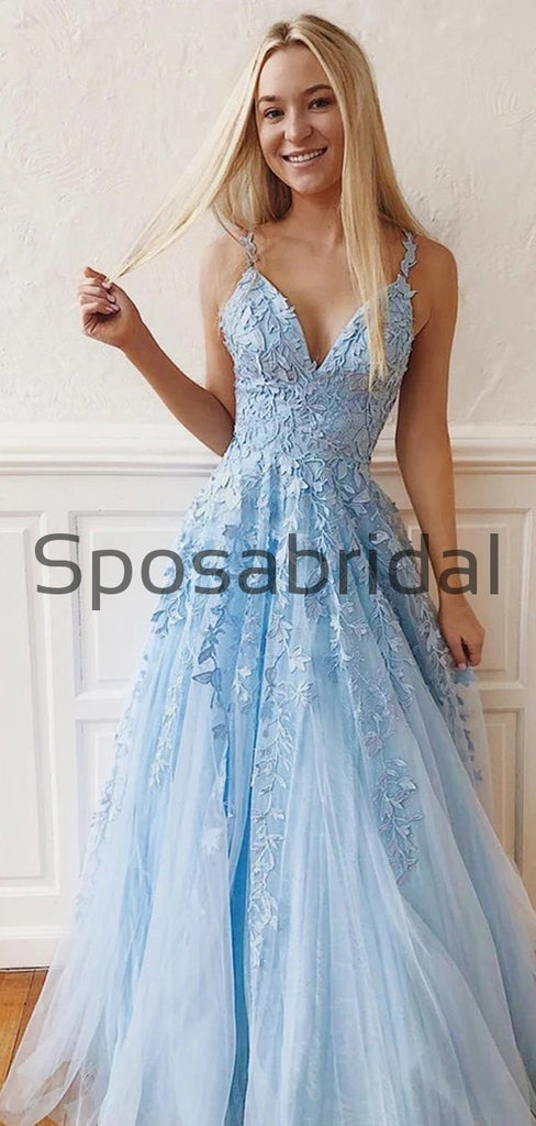 A-line Straps Blue Lace Long Elegant Modest Prom Dresses PD2263 ...