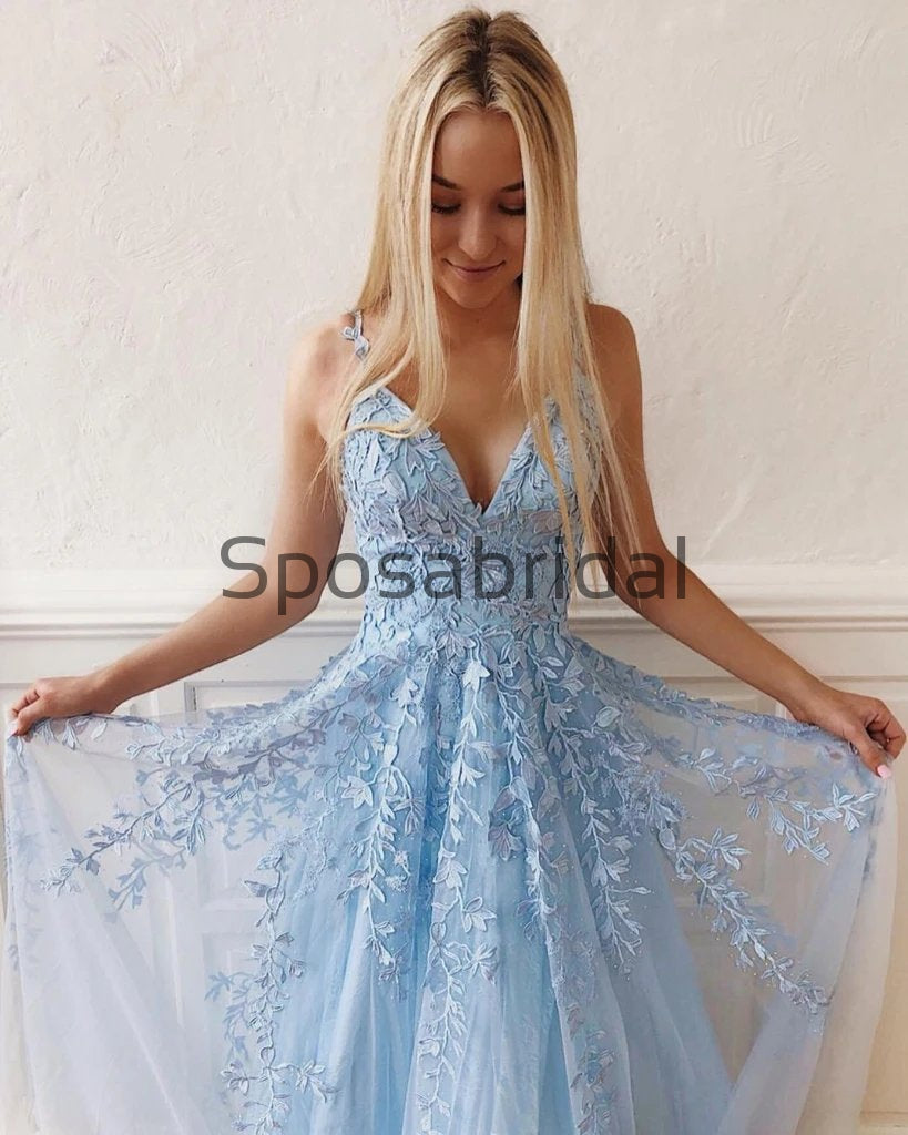 A-line Straps Blue Lace Long Elegant Modest Prom Dresses PD2263 ...