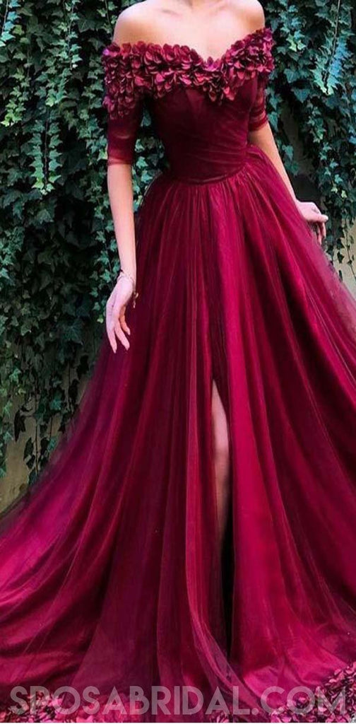 A Line Off The Shoulder Burgundy Tulle Prom Dresses With Appliques Spl ...