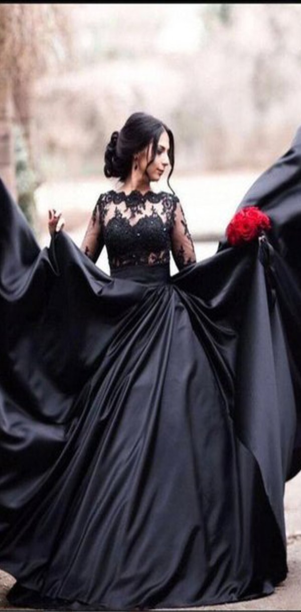 Black Long Sleeves Lace Elegant Modest Prom Dress, A-Line Ball Gown We ...