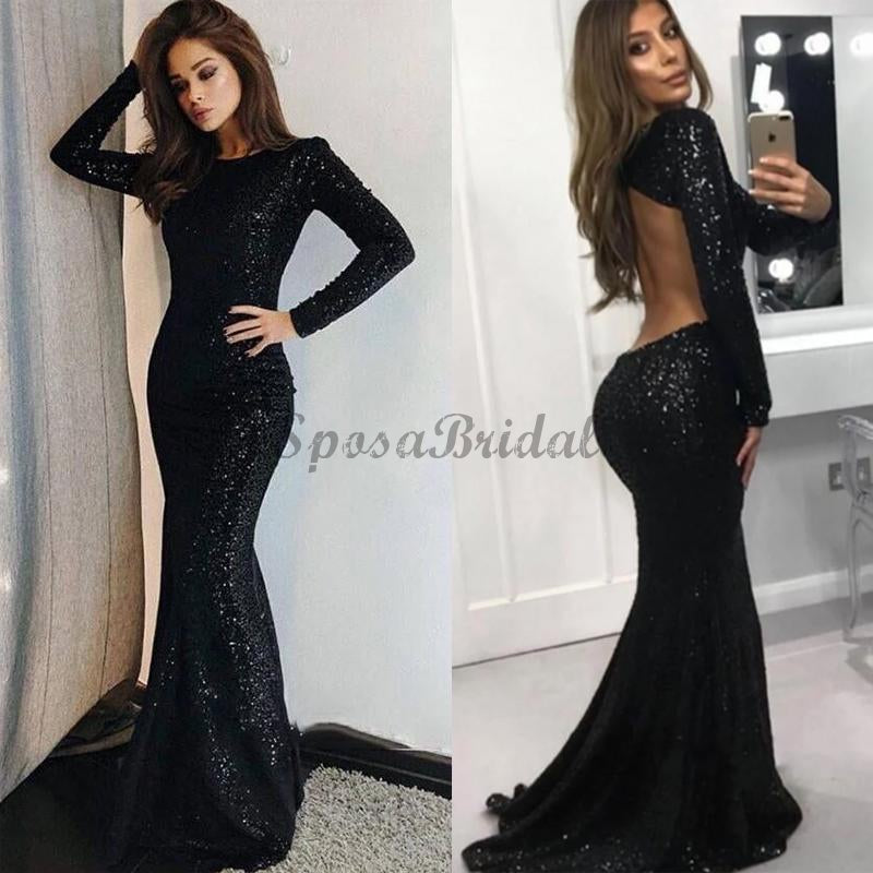 Black Sparkly Sequin Long Sleeves Mermaid Open Back Long Prom Dresses ...