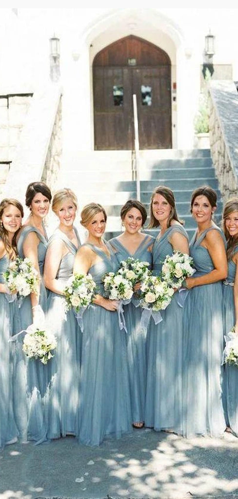 Blue Grey Cheap Long Tulle Mismatched Convertible Bridesmaid Dresses ...