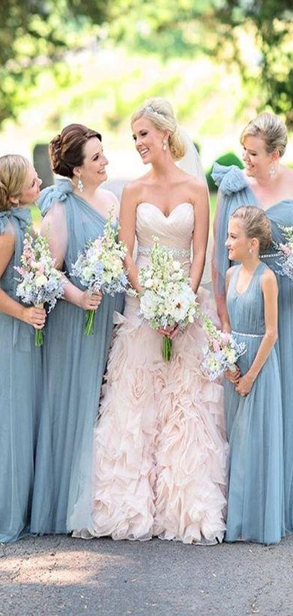 Blue Grey Cheap Long Tulle Mismatched Convertible Bridesmaid Dresses ...