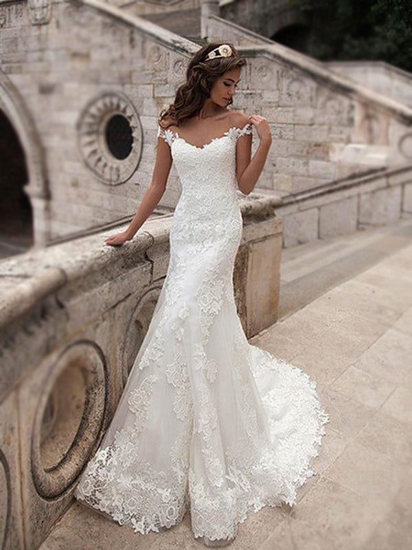 Charming Off Shoulder Sexy Mermaid White Lace Bridal Gown, Wedding Dre ...