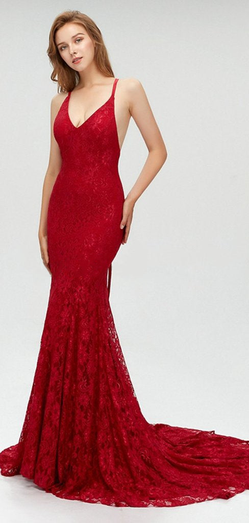 Charming Red Lace Spaghetti Straps Sexy Mermaid Prom Dresses, Evening ...