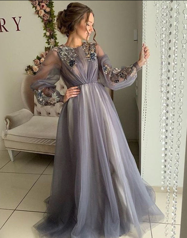 Modest Dusty Blue Long Sleeve Floral Tulle Long Prom Dress, PD1890 ...