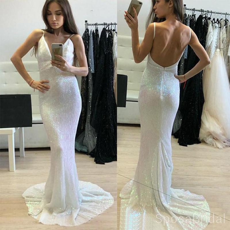 Long Ivory Sparkly ELegant Formal Sheath V-Neck Backless Sweep Train S ...