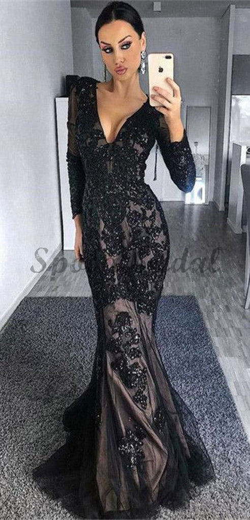 Long Sleeves Black Mermaid Modest Elegant High Quality Long Prom Dress ...