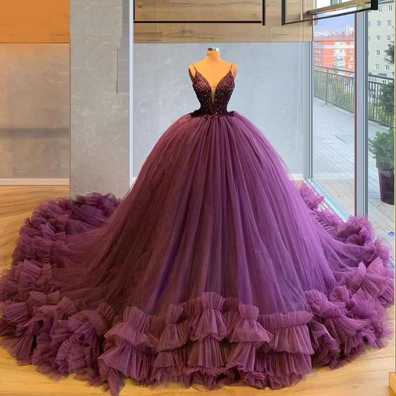 Luxury Purple A-line Spaghetti Strap Ruffle Tulle Elegant Long Prom Dr ...