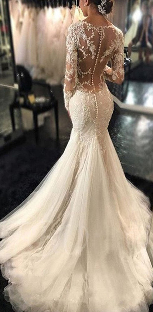 Luxury See Through Sexy Mermaid Lace Tulle Wedding Dresses Long Sleev Sposabridal
