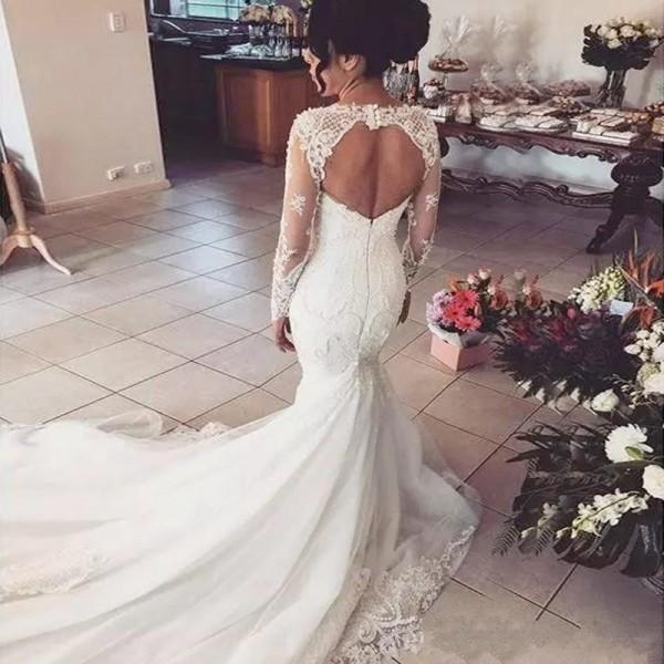 Elegant Popular Newest Mermaid Open Back Long Sleeves Tulle Wedding Dr ...